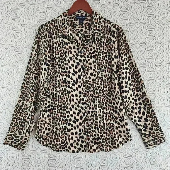 Cynthia Rowley Tiger Animal Print Button Up Long Sleeve Women's Chiffon Blouse L - Picture 1 of 8